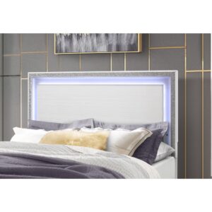 Lily bedroom brings two worlds together. The classic lines and modern accents create a beautiful transitional glam bedroom look. The crushed crystal like look outlines all the pieces along with LED lighting accenting the head board. The crushed crystal like design is not only used as an accent trim but is also carried over to the hardware. The end result is a beautiful glam bedroom.