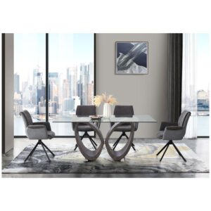 This beautiful contemporary table with two oval wood texture shapes mixes great with Chrome base and glass top.