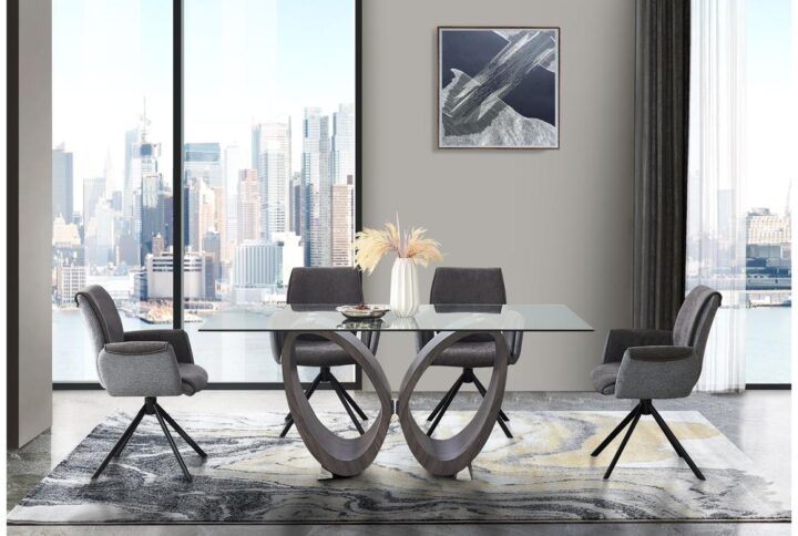 This beautiful contemporary table with two oval wood texture shapes mixes great with Chrome base and glass top.