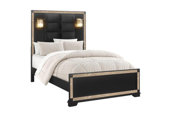 The Blake collection combines style and elegance with many beautiful features. The collection is outlined with gold colored crushed crystal to highlight its unique design. The Bed has a tall headboard and two lights along with quilted padding. The lights add style