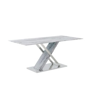 Get all the look of elegant Carrara marble with this stunning yet practical glass-top dining table.  Design elements include an x-base design with polished stainless steel accents.  This table offers plenty of space for all of your entertaining needs.