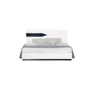 with a high-gloss white finish that is both stylish and durable. The bedâ€™s platform design eliminates the need for a box spring