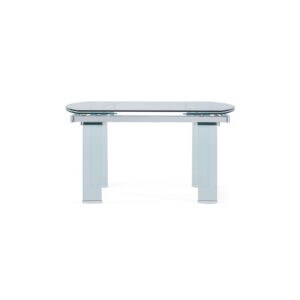 Molded tempered glass and metal combine to create a contemporary dining room table fit for the most modern or minimalist spaces. Bent glass legs