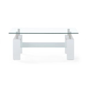 Featuring a clear tempered glass table top and white finish legs