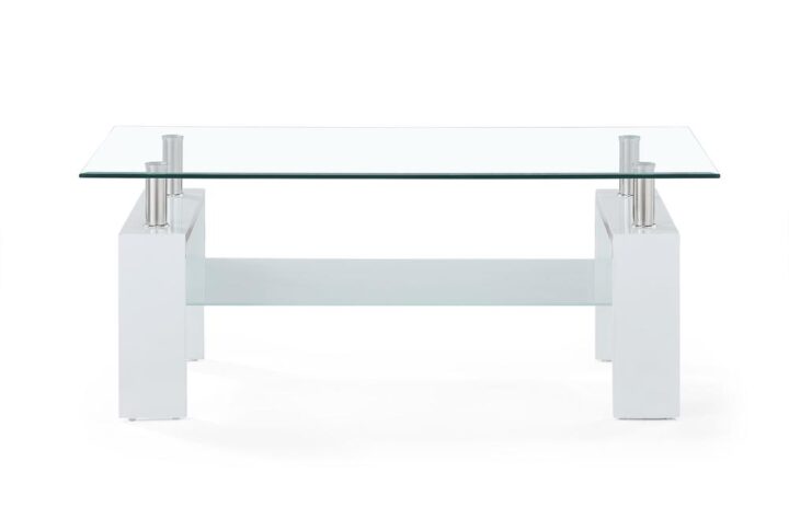 Featuring a clear tempered glass table top and white finish legs