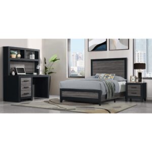 the best of farmhouse and urban living combine to create an upscaled farmhouse appearance. The case pieces are black with rustic grey wood inlay. In addition to the two-tone design