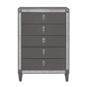 This glamorous chest features unique style and design. This chest has a beautifully accented line with embellished crystal like inlays that outline the design along with wood corner appliques.  with beautiful custom chrome hardware that completes the look. This chest would make any room feel like a castle.