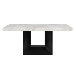 White Faux marble design with extra thick top and a large angle cut wood base.