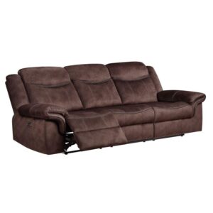 The transitional style of this beautiful motion group offers contrast baseball sticking and leather like welts along the arm and seat. The saddle bag arm adds comfort and style. The console loveseat offers a lift up storage table and two metal cup holders. Along with style and comfort