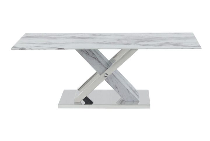 Get all the look of elegant Carrara marble with this stunning yet practical glass-top occasional table. Design elements include an x-base design with polished stainless steel accents. This table offers plenty of style and will be the focal point of your living space.