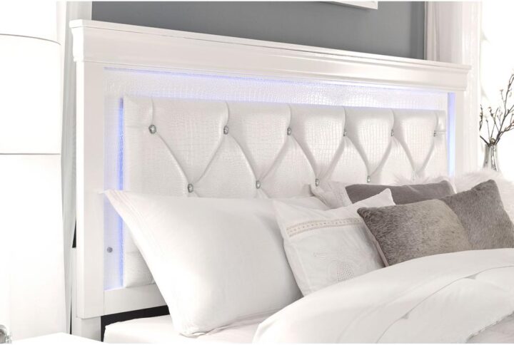 A fresh new look to a classic design defines the Pompei bedroom collection. By adding ambient LED lighting with crystal and faux croc accents