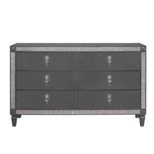This glamorous Dresser features unique style and design. This dresser has a beautifully accented line with embellished crystal like inlays that outline the design along with wood corner appliques.  with beautiful custom chrome hardware that completes the look. This dresser would make any room feel like a castle.