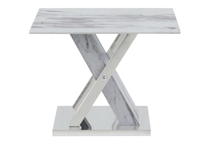 Get all the look of elegant Carrara marble with this stunning yet practical glass-top occasional table. Design elements include an x-base design with polished stainless steel accents. This table offers plenty of style and will be the focal point of your living space.