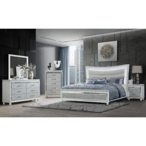 a luxurious bedroom set that exudes modern glamour. Featuring crushed crystal drawer fronts and mirrored accents