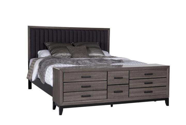 The Bed is finished in a Matte Gray Tone with a High Gloss Top. The rich color and clean lines will compliment any home. Not only is this bed stylish but it also provides ample storage. Upgrade your bedroom with this stylish Kirkus Bed with features such as a dresser footboard