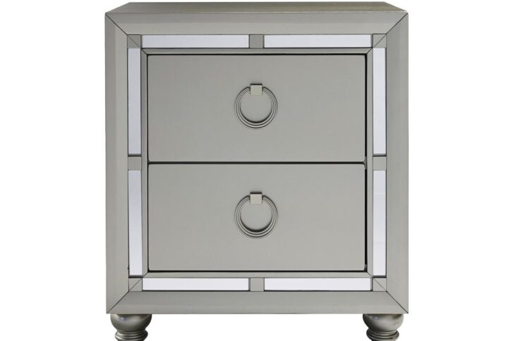 The Riley puts a contemporary spin on old-world style. The luxurious silver finish and mirror accents add sleek