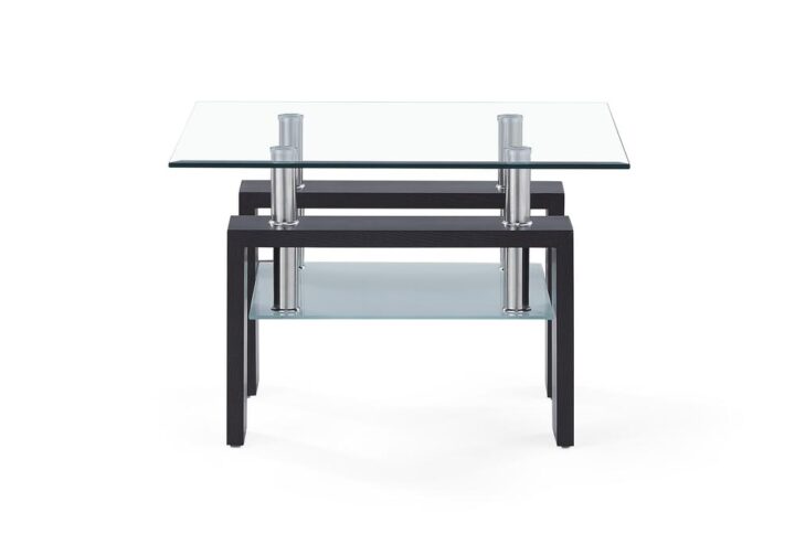 Featuring a clear tempered glass table top and dark walnut legs