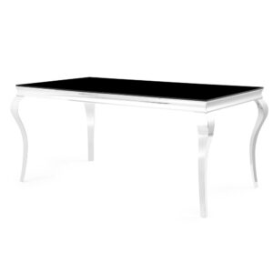 This ornately elegant Dining Table by Global Furniture will create drama and impact to any dining room environment. Featuring polished stainless steel Queen Anne Style legs and black glass top sure to accommodate all your dining needs.