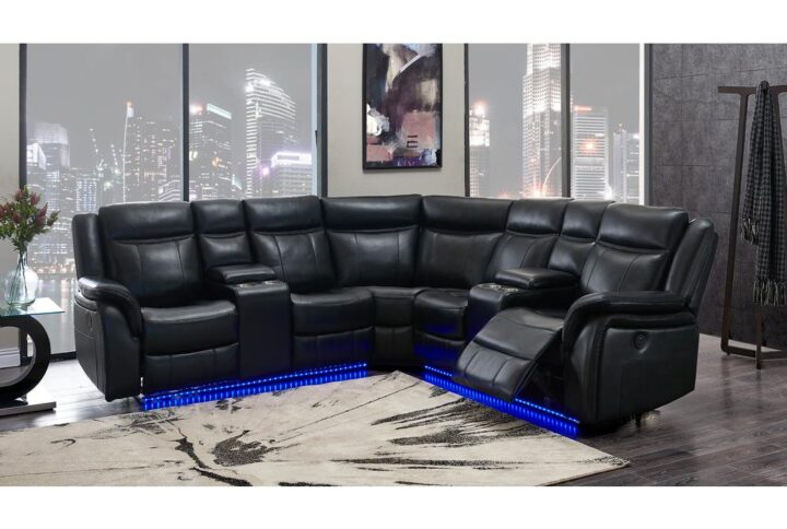 Light up your living space and dazzle your friends with this power reclining sectional finished in a soft and durable leather gel.  This sectional will not disappoint featuring LED ground effect lighting in a vibrant blue tone