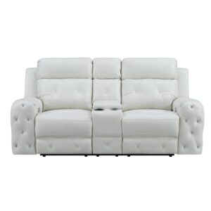 Ultra-contemporary visual appeal and comfortable design happily meet in this stunning power reclining loveseat. This roomy yet compact loveseat is offered in rich white leather gel material which makes this loveseat an easy fit for many room décor settings and style choices. Additional features include plushily padded seats