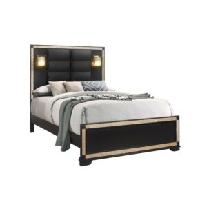 The Blake collection combines style and elegance with many beautiful features. The collection is outlined with gold colored crushed crystal to highlight its unique design. The Bed has a tall headboard and two lights along with quilted padding. The lights add style