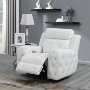 Ultra-contemporary visual appeal and comfortable design happily meet in this stunning power reclining chair. This roomy yet compact recliner is offered in rich white leather gel material which makes this chair an easy fit for many room décor settings and style choices. Additional features include plushily padded seats