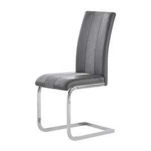 this two-toned dining chair will transform your room and add comfort and charm. This chair is upholstered in tones of grey faux leather (PU) and fabric