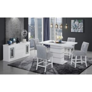Glass and Acrylic this dining table makes a bold statement. Finished in a White and Silver with a center glass