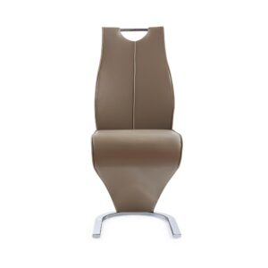 Ultra-modern in look and comfy in feel highlight this remarkable dining chair. The Z-style design of this chair is complemented by Cappuccino tones and metallic base and seat back handle