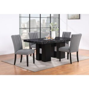 Black Faux marble table top designthat features an extra thick top with a double pedestal base and silver connectors. The chairs feature channel backed and the legs match the color of the base.