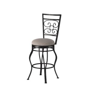 metal legs that will enhance your kitchen or bar décor. The Light grey fabric seat is padded for comfort and offers a 360° swivel for easy on and off.