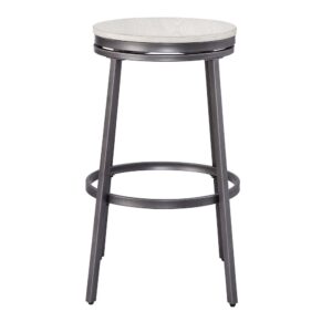 and clean design.  The sturdy frame is crafted from steel with a slate grey powder coated finish and a whitewashed hardwood seat.  This backless swivel stool is the perfect addition to your casual decor.  Your purchase includes one bar height stool.