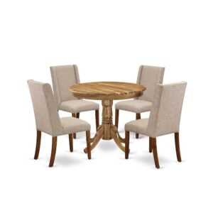 East West Furniture 5-Piece kitchen dining table set including 4 kitchen chairs and a luxurious pedestal dining table will enhance the charm of your dining area or kitchen areas. Our dinette table set is crafted from strong Asian wood