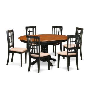 This specific spectacular Asian hardwood kitchen dinette table and Kitchen chair set fits well in most dining rooms or kitchens. The table includes an expansion leaf that folds and stores right under the table top. The pedestal table is in an fascinating Black & Cherry finish