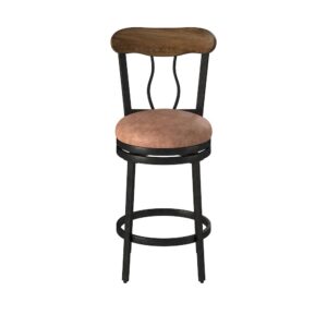 The Mandray Counter Stool adds a touch of rustic warmth to your dining or kitchen space.   The 360-degree swivel cushioned seat rests atop a sturdy metal frame with a harp-back design and distressed solid wood cap rail.   Also included is a comfortable foot rail and adjustable leg levelers.  Your purchase includes one counter height stool.