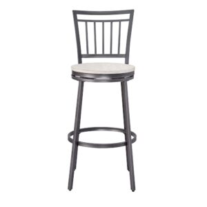 and clean design.  The sturdy frame is crafted from steel with a slate grey powder coated finish and a whitewashed hardwood seat.  Features include a full back with metal slat back design for support and comfort and a swivel seat for functionality.  Your purchase includes one counter height stool.