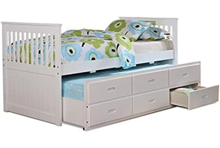 This is a classic twin size captain’s bed with a twin trundle and 3 useful drawers for storage. This bed showcases fine craftsmanship and a space-saving design