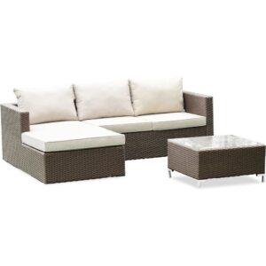 Give your Outdoor-Furniture dining a contemporary look with this 3 pc ACL3S02A brown color PE wicker patio sofa set includes a tea table. Crafted from a lightweight steel frame and wrapped with commercial woven resin wicker fiber