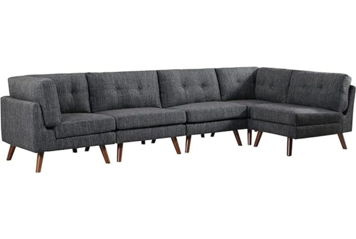 Transform your living room into a cozy haven with this stylish and modular sectional. Choose between neutral grey or dark grey linen-like fabric options that effortlessly complement any decor. The vintage midcentury modern design