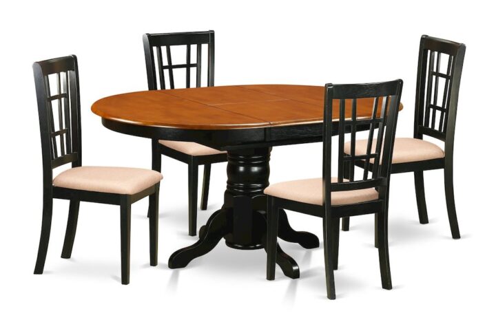 This beautiful Asian hardwood dining table and chairs set fits well in most dining rooms or kitchens. The table has an expansion leaf that folds and stores right underneath the table top. The pedestal table is in an attractive Black & Cherry finish