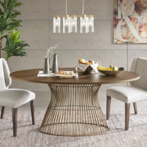 Add mid century modern to your dining room with the Mercer oval dining table.  Inspired by the iconic 60's silhouette with a modern twist of golden bronze tops and antique bronze wire frames for an updated look. Seats 6. Table will be shipped in 2 cartons. Assembly required.