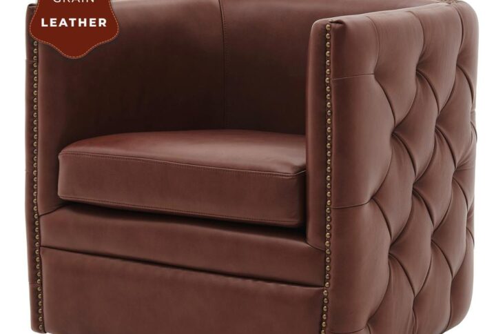 Leslie Top Grain Leather Swivel Tufted Chair