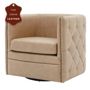 Leslie Top Grain Leather Swivel Tufted Chair