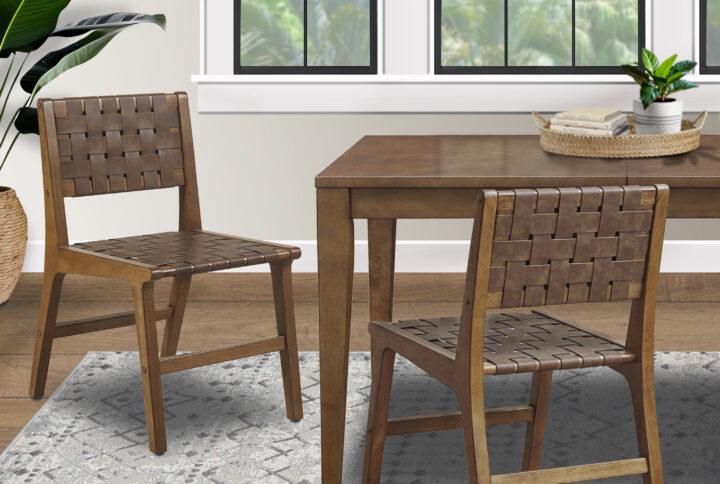 Faux Leather Woven Dining Chairs Set of 2