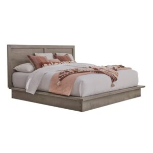 Multi-step Stone textured rough sawn finishPlatform bed ships in two cartonsAvailable in queen and king size