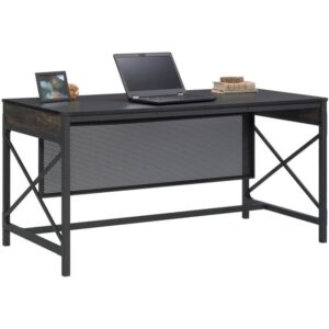 powder coated metal frame and perforated metal modesty panel. This industrial office desk includes a high-wear melamine top surface which is heat