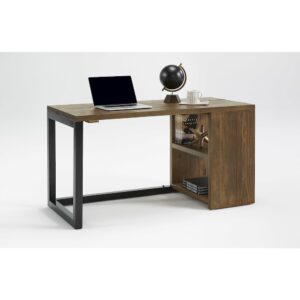 Desk base includes a bookcase with shelves for storageSolid pine wood and square metal tube assures stabilityRusset Pine wood and black metal finish