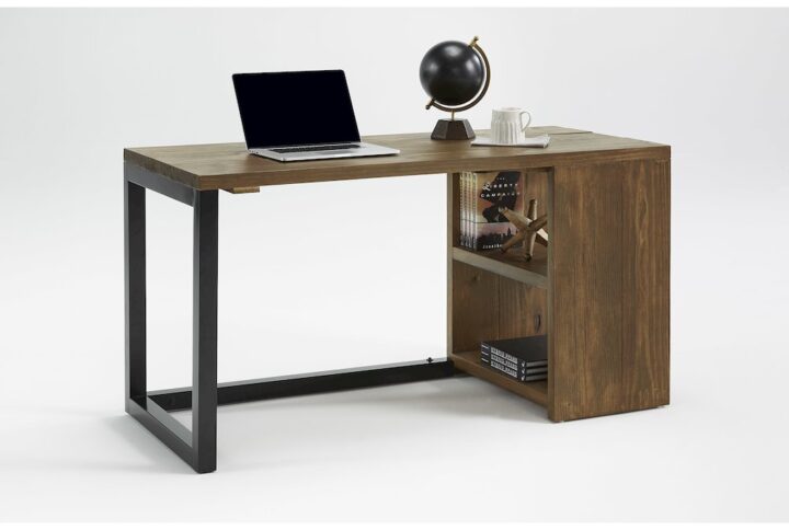 Desk base includes a bookcase with shelves for storageSolid pine wood and square metal tube assures stabilityRusset Pine wood and black metal finish