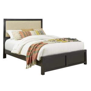 Available in queen and king sizeMitered bed panel with upholstered insert on headboard; upholstered panel is 100% polyesterIntense black finish