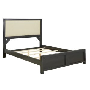 Available in queen and king sizeMitered bed panel with upholstered insert on headboard; upholstered panel is 100% polyesterIntense black finish